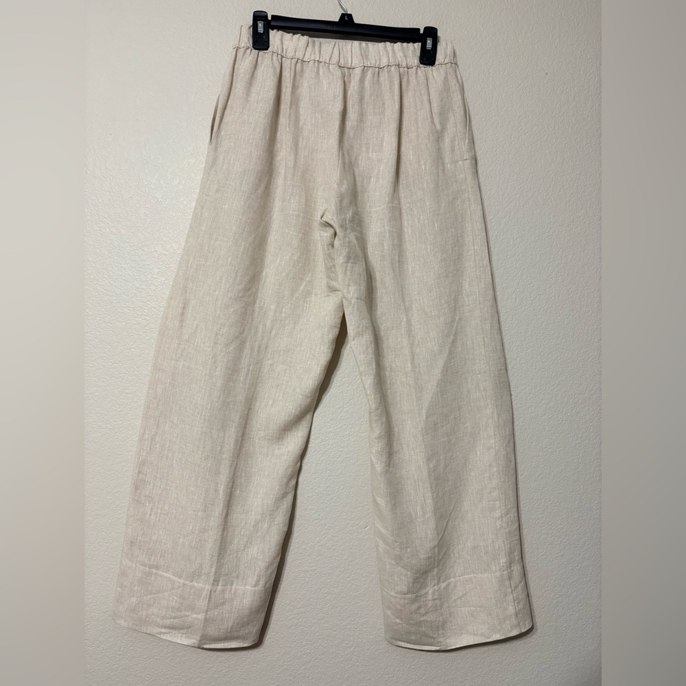 WHYCI Milano Casual Neutral Beige Linen Wide-Leg Pull On Pants w Pockets - Picture 2 of 10